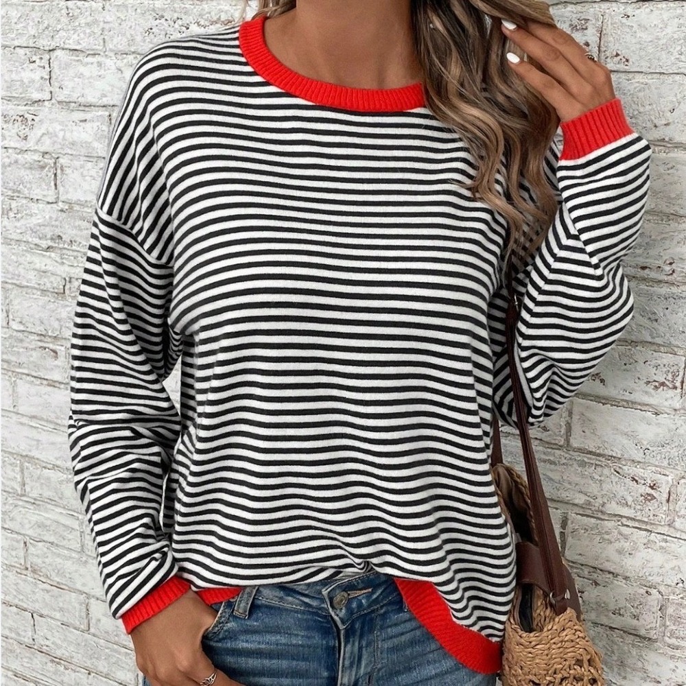 2282 | Narural Nautical Striped Cotton Knit Sweater Navy White Red Women L